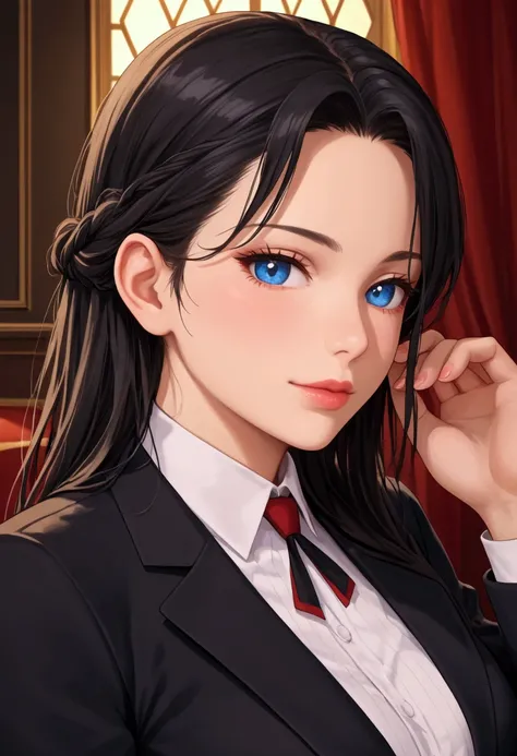 {
  "prompt": "A woman wearing a suit, with black hair that transitions to red at the ends. She has blue eyes with a hint of red in her pupils, and her appearance is stunningly beautiful."
}
