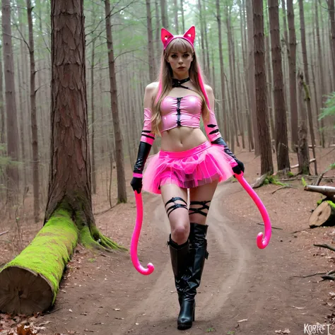  1 girl,  slim ,  pink straight long hair, zopf , Cat ears,  masterpiece ,  anatomically correct  , UHD,  Super detailed , further away , knee-high boots, long arm warmers ,  Korsett neon Pink latex,  tulle skirt pink ,  realistic  , Forest,  small breasts...