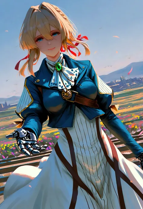 masterpiece, best quality, very aesthetic, absurdres, violet evergarden, braid, hair ribbon, red ribbon, jewelry, white ascot, brooch, blue jacket, long sleeves, mechanical hands, white dress, long dress, reaching out, outstretched arm, wind, smile, standi...