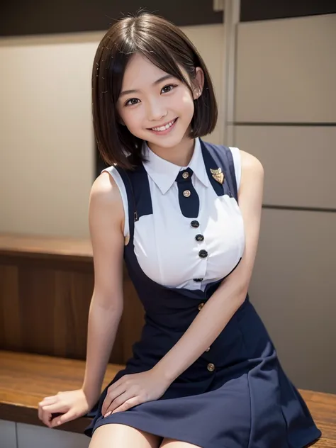 ( HD)、( high quality)、( short hair)、( Tight Sleeveless Dress)、(Collared dress)、( dress with buttons on the chest)、( Japanese girl)、(Big Breasts:1.5)、(smile:1.3)、(Young face:1.4)、( are small:1.4)、(uniform:1.3)