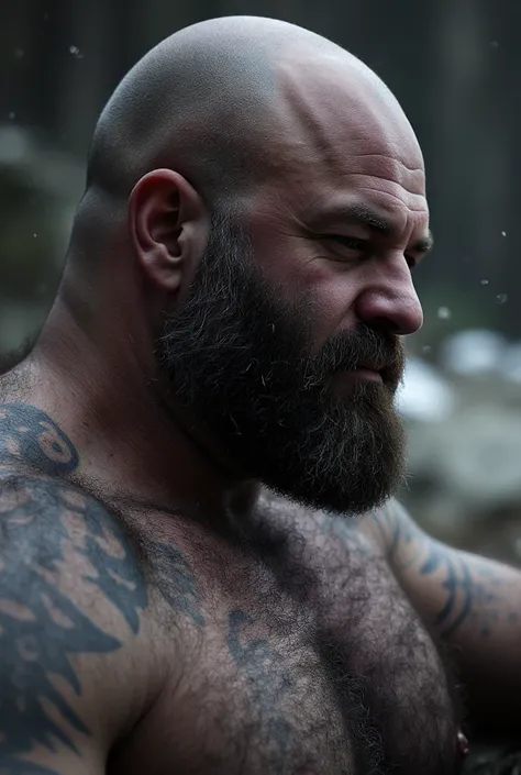 8K Very Lifelike Best Highest Realistic very Realistic real 8K very detailed highly photorealistic very detailed very lifelike photo of a Very Sexy handsome big bearded and rugged hairy burly muscular chubby beefy bulked up bald daddy Ragnarok Kratos man, ...