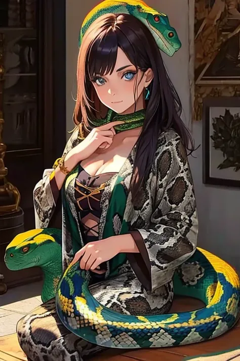 Photo of a beautiful girl, wearing a snake, (masterpiece, best quality:1.2) 