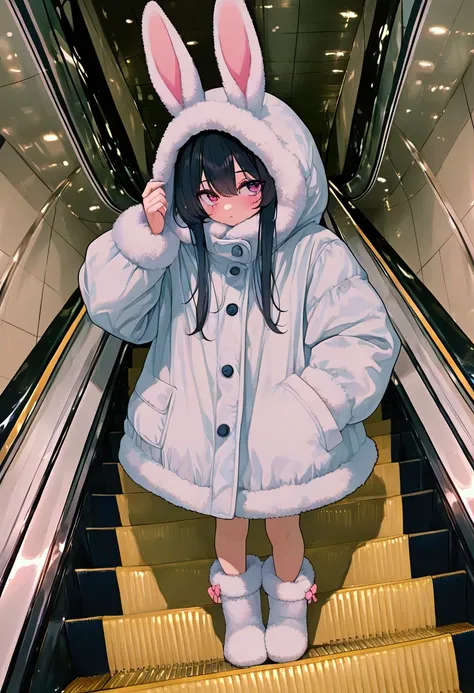 masterpiece, high quality, best quaity,1girl,((solo)), girl in fluffy white bunny coat on escalator, looking over shoulder, cute innocent expression, long bunny ears on hood, full length furry white winter coat, mall escalator setting, soft indoor lighting...