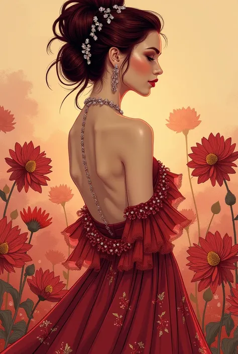 A dramatic lady with deep burgundy hair, styled in an elaborate updo with jeweled hairpins, illustrated in a Soft Pastel Impressionism style. She wears a layered gown of translucent fabric in shades of burgundy and gold, adorned with bold dahlia embroidery...