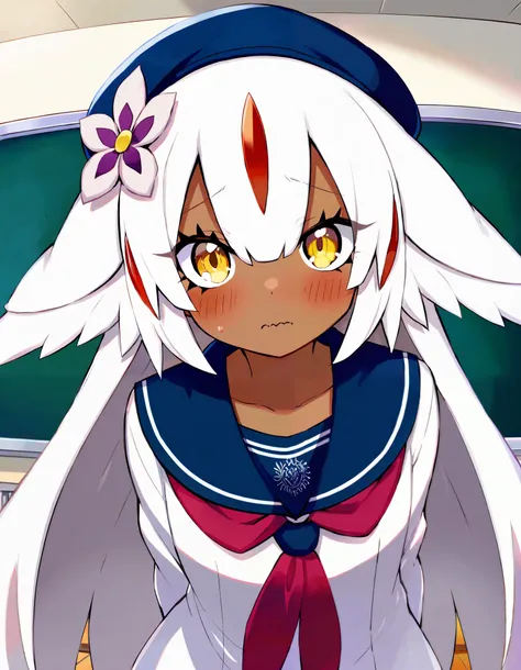 Faputa, Dark skin, White fur, looking at viewer, masterpiece, absurdres, high quality, highres, school uniform, beret, upper body, classroom, shy, looking down, wavy mouth, hair flower, arms behind back, standing,