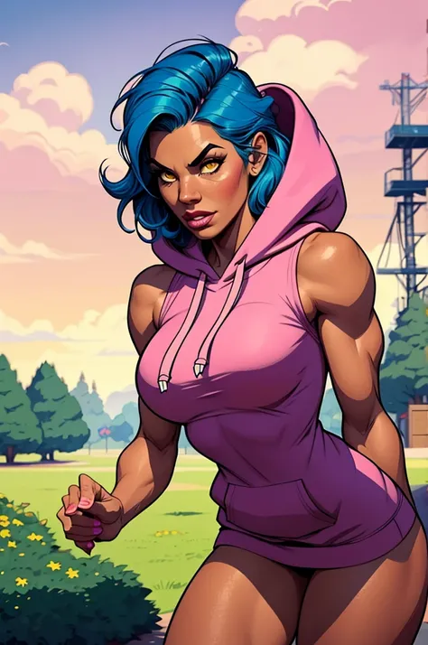 Nina is a 40-year-old woman, strong, athletic and handsome. she is a woman with blue cut hair, dark yellow eyes and a somewhat tanned complexion. she is an athletic and energetic woman. she is dressed in a pink hoodie. cartoon drawing.she is in the park. s...