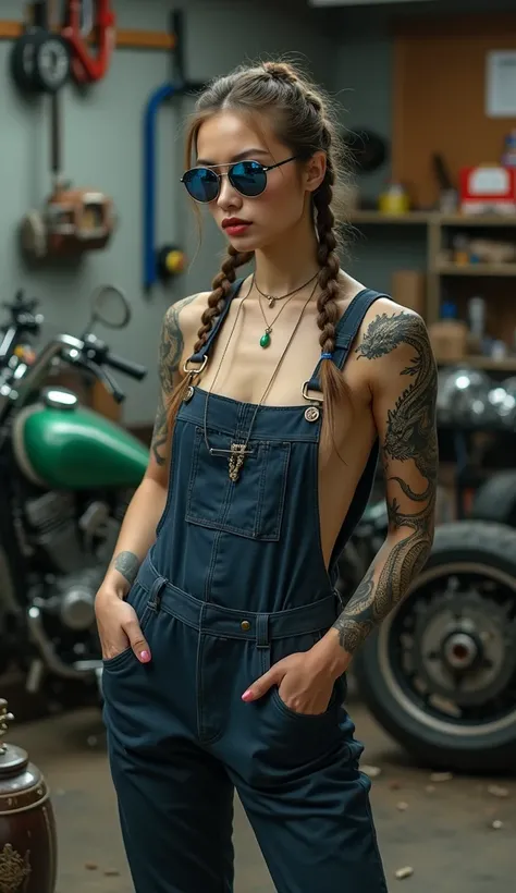 The background is a garage, with tools and equipment hanging on the wall, on the floor, a motorcycle waiting for repair, and parts scattered on the floor. An 18-year-old fair-skinned beauty with a black dragon tattoo on her right arm, wears an emerald gree...