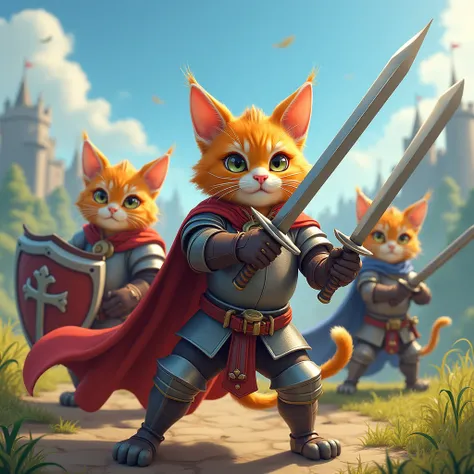 Cats that use, shields, swords and full armor, with cartoon style with 4K resolution