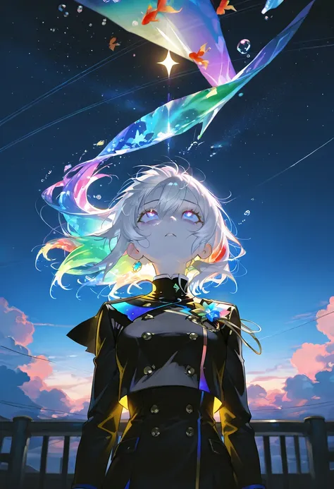 (female\(student, age of 15, JK, short silver floating hair, cosmic colored eyes, black color uniform of school, pale skin, tired face with no shine in the eyes\) is looking up at the sky), (so many goldfish are swimming in the air), beautiful sky, beautif...