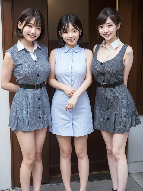 ( HD)、( high quality)、( short hair)、( Tight Sleeveless Dress)、(Collared dress)、( dress with buttons on the chest)、( two Japanese girls )、(Big Breasts:1.5)、(smile:1.3)、(Young face:1.4)、( are small:1.4)、(uniform:1.3)、( erect nipples :1.1)、(Breast bag:1.3)、(I...