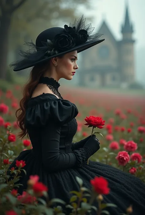 the beautiful duchess, wearing a black vintage dress, wearing a black hat with a black rose decorated on the side of the hat, she is holding a azalea flower and she is sit under the pomegranate tree and she is in the Azalea flowers field. In her back, ther...