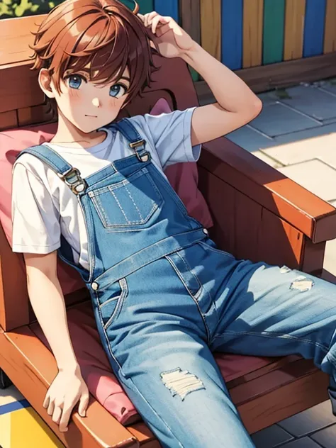 cute young gay boy relaxing overalls in colorful playhouse