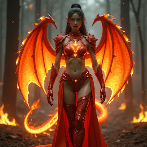 - Photorealistic with perfect details, Cinematic, Masterpiece, HD, Sexy CGI.

- Beautiful "Korean" woman, Orange eyes, long hair tied up.
Hands full of colorful tattoos.

 - Wearing a costume ("Full Sexy Armor"), a costume that embodies the form of "Charme...