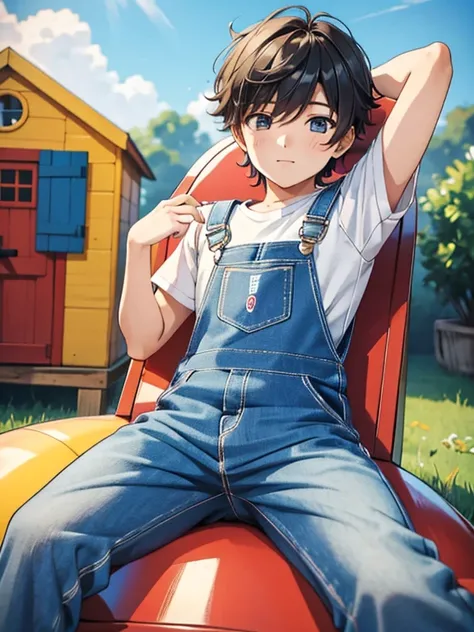 cute young gay boy relaxing overalls in colorful playhouse