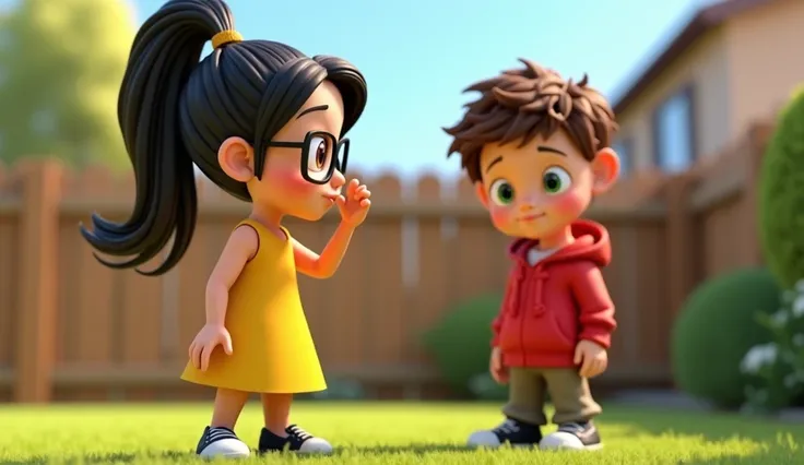 A 3D image of A Cartoon  girl(smart and cautious girl with long black hair tied in a ponytail, deep brown eyes, and glasses. She wears a yellow dress with leggings and white sneakers.)is speaking and adjusting her glasses Infront of 
A cartoon  boy (curiou...