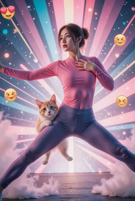 (((((站立split))))),(opaque tight yoga pants), a pink space navy holding a cat, cute fantasy background , rainbow, Spread love emoji pack , x holding y , double exposure , laser background or space background , photo, helmet