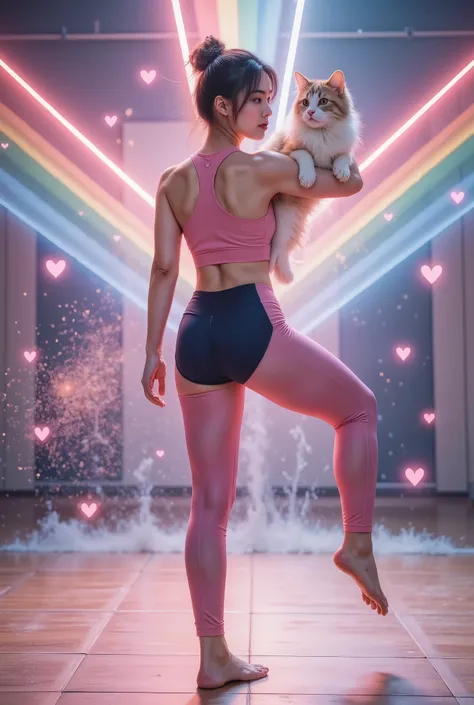 (((((站立split))))),(opaque tight yoga pants), a pink space navy holding a cat, cute fantasy background , rainbow, Spread love emoji pack , x holding y , double exposure , laser background or space background , photo, helmet