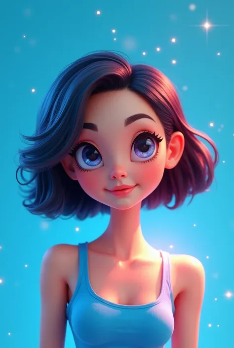 4D Cartoon with a Indonesian woman wearing a blue tanktop , light blue background, The body is like a Barbie doll, the light shines on the face very brightly, UHD, 16k, Ariel tatum 1There is a flash.