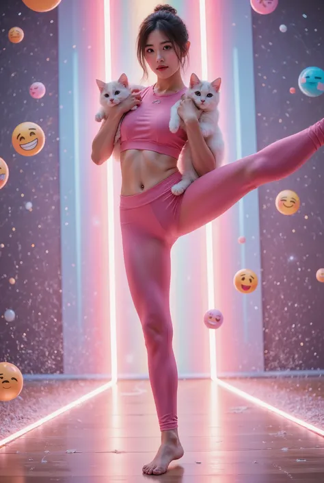 (((((站立split))))),(opaque tight yoga pants), a pink space navy holding a cat, cute fantasy background , rainbow, Spread love emoji pack , x holding y , double exposure , laser background or space background , photo, helmet