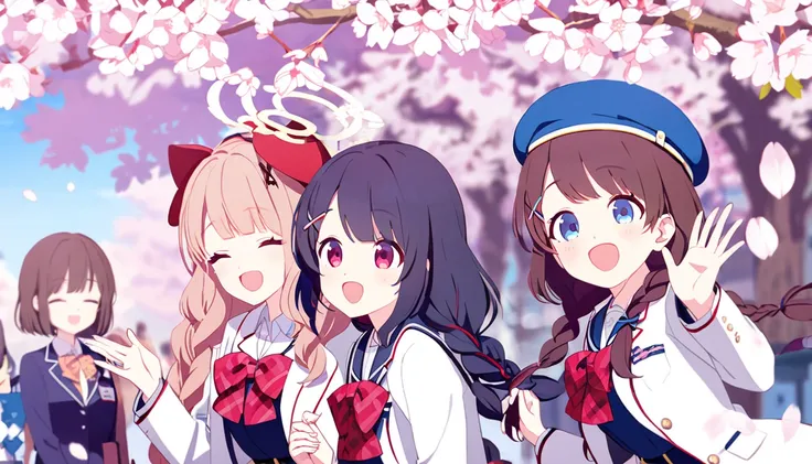 3girls, :d, bangs, beret, black hair, blazer, blue eyes, blue headwear, blue skirt, blue sky, blurry, blurry background, blurry foreground, blush, bow, braid, branch, brown hair, cherry blossoms, closed eyes, collared shirt, day, depth of field, eyebrows v...