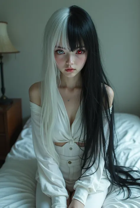 A normal-sized  girl,  with long white and black hair separately,  white clothes and pants with minor injuries ,  right eye pupils ; Blood red, iris; strong black , left eye iris :  white and white pupil with dull red ... expression without feelings calm w...