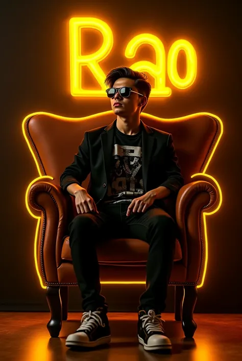 Create a 3D illusion for a profile picture where a  attitude boy in a sunglasses long hair  black dress Sitting casually on a Long King Cheir. With a yellow neon light loin on hand. And a ferocious loin by my side. Wearing sneakers, he looks ahead. The bac...