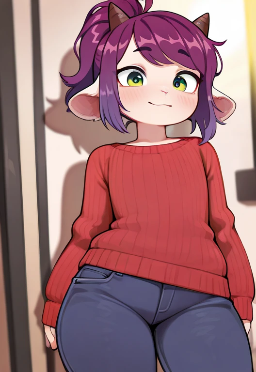 Hairy, 1femboy, guy ram, red long sweater ,  jeans, ultra cute face ,  green eyes,  lamb horns ,  super detailed illustration,  Lush purple hair ,  flat chest,,  beautiful play of light and shadow,  diffused light ,  Ultra detailed hair ,   surround light ...