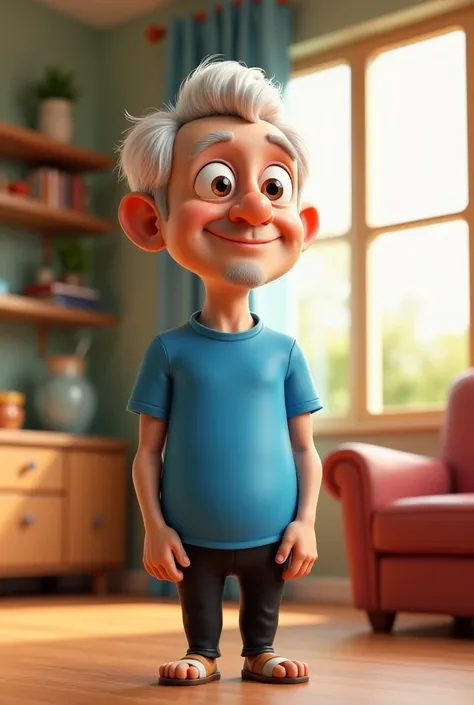 A opd man wear blue t-shirt and black pants in tha house prompts AI 3d cartoon 