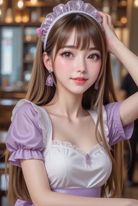 (super cute young face:1.3),
(japanese idol face:1.5),
very beautiful cute girl,
sparkling clear large brown eyes,
exquisite smooth and silky long brown straight hair,
fair skin,
(happy cheerful smile),
professional photogragh, 
(super shiny light purple a...