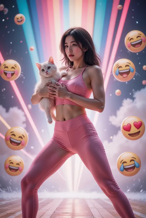(((((站立split))))),(opaque tight yoga pants), a pink space navy holding a cat, cute fantasy background , rainbow, Spread love emoji pack , x holding y , double exposure , laser background or space background , photo, helmet