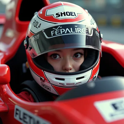 1girl is wearing F1 helmet, (((SHOEI helmet))), (too small narrow face opening area helmet), circuit, ((sitting F1 cockpit)), hard breathing, Japanese girl, cute girl, ((no bangs)), (((racing helmet))), (((fullface helmet:2.0))), (((covered mouth lip))), (...