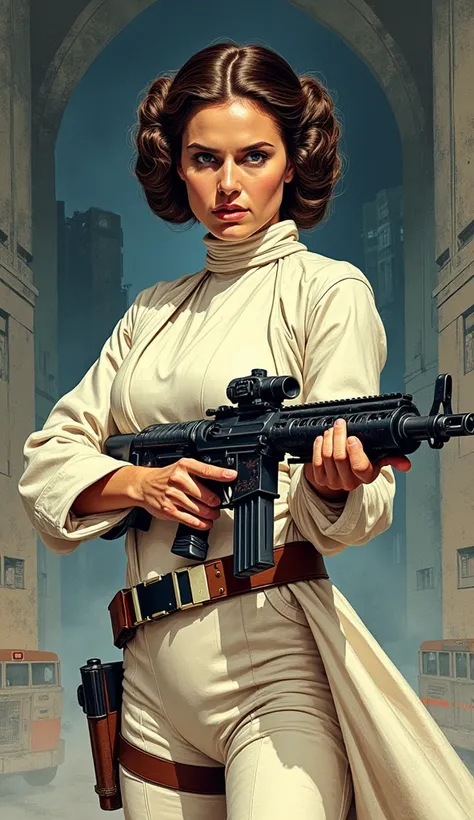 Image de la Princesse Leia tenant une arme à feu dans le style des comics des années 90 