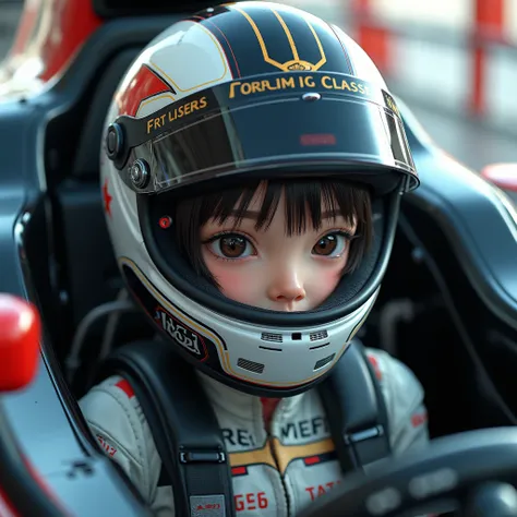 1girl is wearing F1 helmet, (((SHOEI helmet))), ((((too small narrow face opening area helmet)))), circuit, ((sitting F1 cockpit)), hard breathing, Japanese girl, cute girl, ((no bangs)), (((racing helmet))), (((fullface helmet:2.0))), (((covered mouth lip...