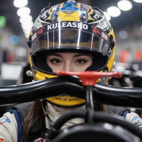 1girl, female racer, ((W-series)), driving F1 vehicles, F1ヘルメットを被っている, closeup helmet girl