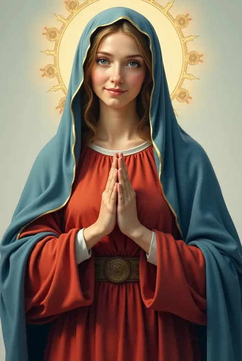  Blessed Virgin Mary。red jacket and blue cloak。Halo。A Gentle Look at the Camera 。smile