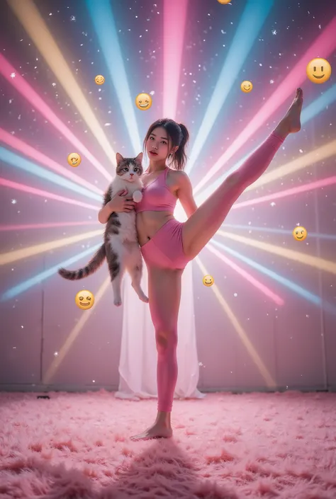 (((((站立split))))),(opaque tight yoga pants), a pink space navy holding a cat, cute fantasy background , rainbow, Spread love emoji pack , x holding y , double exposure , laser background or space background , photo, helmet