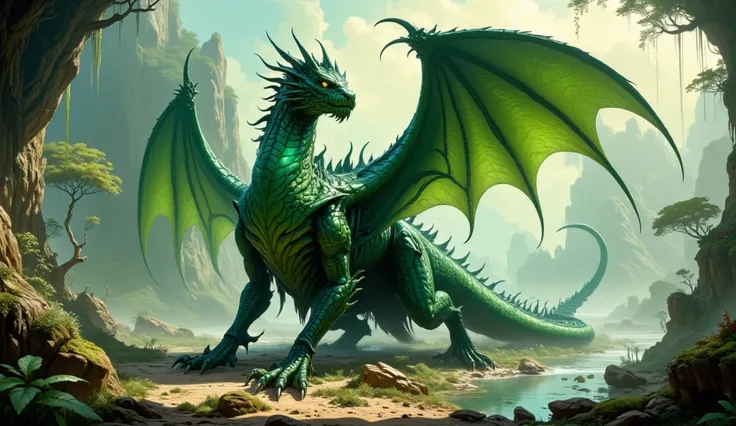 Green Shadow Dragon, shows full body, natural background, ultra realistic