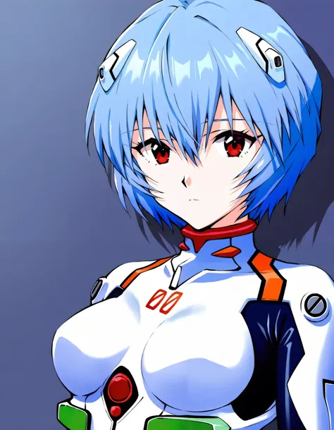 ANIME, looking at viewer, 1girl, ayanami rei \( neon genesis evangelion\), expressionless, red eyes, (number 00 on chest), medium breasts, close up, white bodysuit,