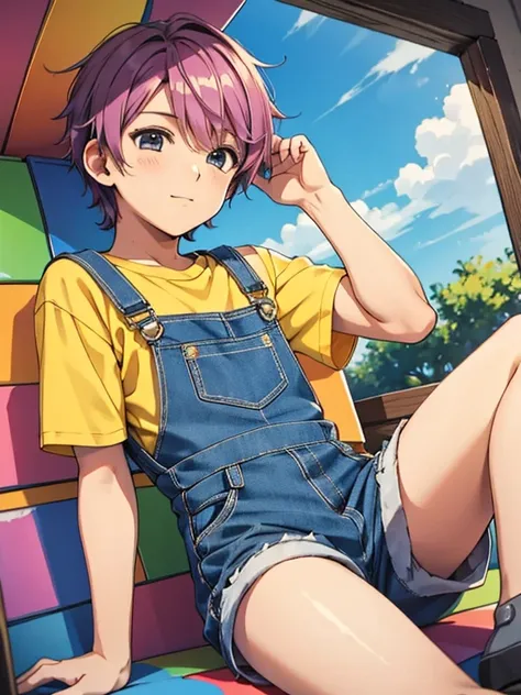 cute young gay boy relaxing overalls in colorful playhouse