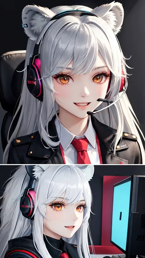 (masterpiece:1.3, best quality:1.3, ultra detailed:1.2, professional lighting:1.2, high resolution:1.2)
(cute energetic girl:1.3, beautiful face:1.3, lion girl:1.2, confident smile:1.2)
BREAK (silver hair:1.2, long straight hair:1.2, side swept bangs:1.2, ...