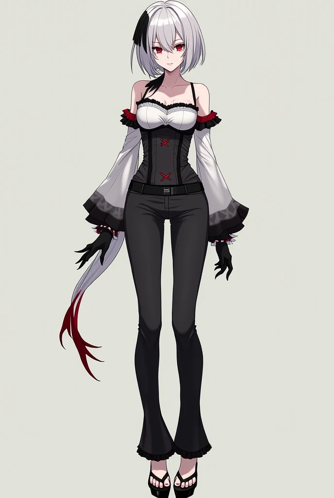 Anime-style, tall, dominant woman. Pale skin, Slim build, Eyes with black with red 'X'-shaped pupils, White layered hair with uneven bangs and black highlights in a long low ponytail with two streaks of red at the end, Blackened hands and forearms due to h...