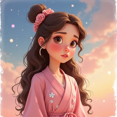 Fillette cheveux long marron ondulé mignonne boucle d'oreille perles ,  brown eyes, robe rose pastel girly rempli de fleurs , qui regarde triste l'air du système solaire pollué , Pixar style watercolor . 