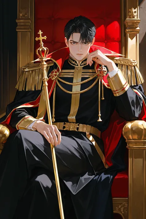 Mature male, (masculine:1.4), handsome, black hair, black eye, 1 man, short hair, male focus, looking at viewer, handsome man, Emperor, tired, sitting on throne, emperor's regalia, royal cape, royal, stoic, regal posture, royal scepter, thickly painted, Ko...