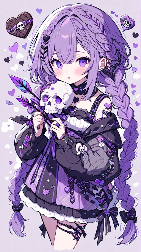 Valentine's chocolate, with thin purple hair, purple eyes, holding a skull arrow, braided, Valentine.