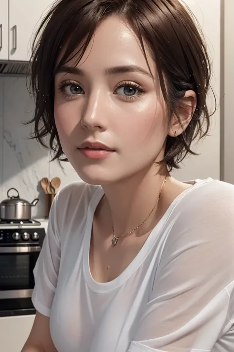 Ultra(Representative works: 1.3), (8k, Realistic, RAW Photos, Best Quality: 1.4), 1 person:2, (40 year old mature woman),Small Face, Beautiful Face, (Realistic Face),No makeup, Natural Makeup, light makeup, (Dark Brown, short hair: 1.3), Beautiful hairstyl...