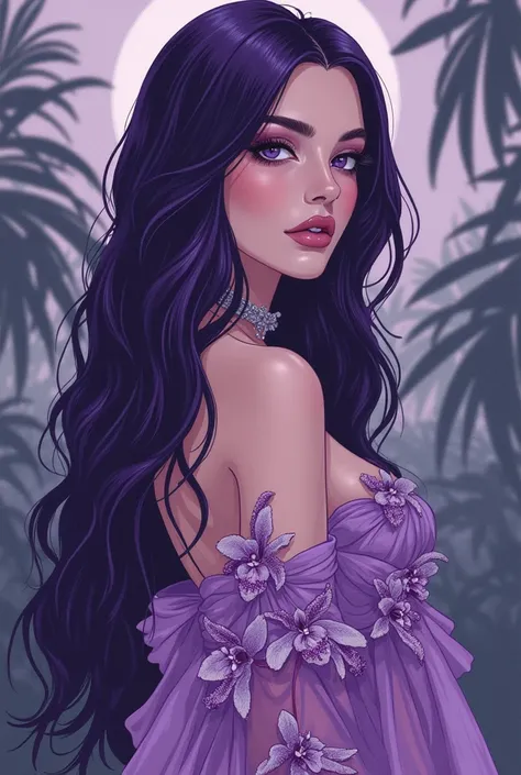 A mysterious lady with deep purple hair, styled in sleek, straight locks, illustrated in a Soft Pastel Impressionism style. She wears a layered gown of translucent fabric in shades of orchid purple and silver, adorned with intricate orchid embroidery. Her ...