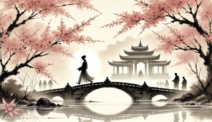 (Chinese ink art style) aesthetically pleasing cinematic composition, A beautiful, serene landscape along a river during the Qingming lantern festival at night, happy and joyful Festival, 1girl wearing traditional Chinese clothing walking on a stone bridge...