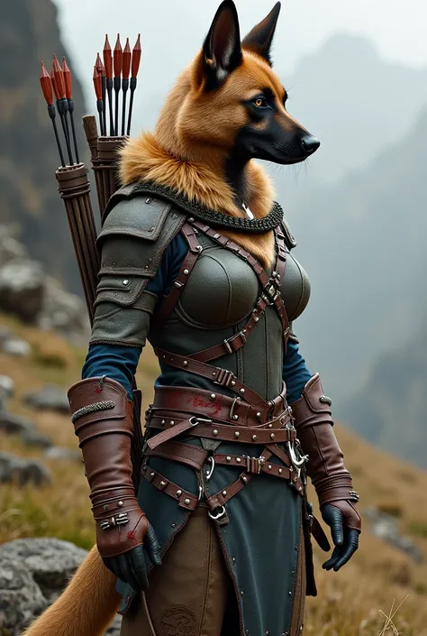 A humanoid female German Shepherd. In cloth clothing and leather armor, has a bow and arrows. She has a wolf tooth necklace . He has leather gloves and bloodstains 