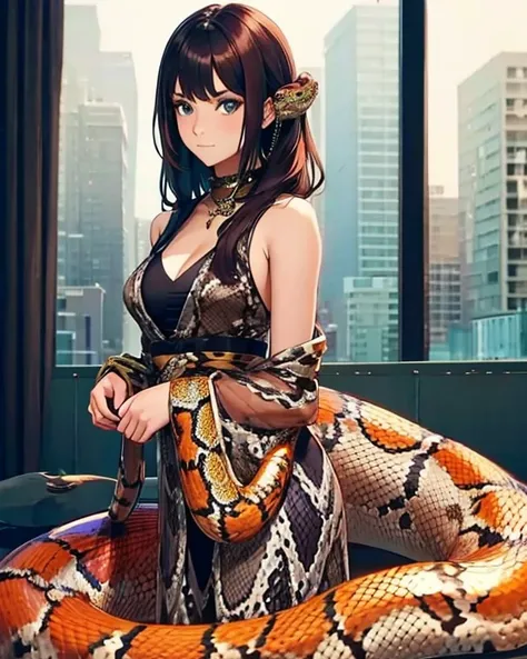 Photo of a beautiful girl, wearing a snake, (masterpiece, best quality:1.2) 