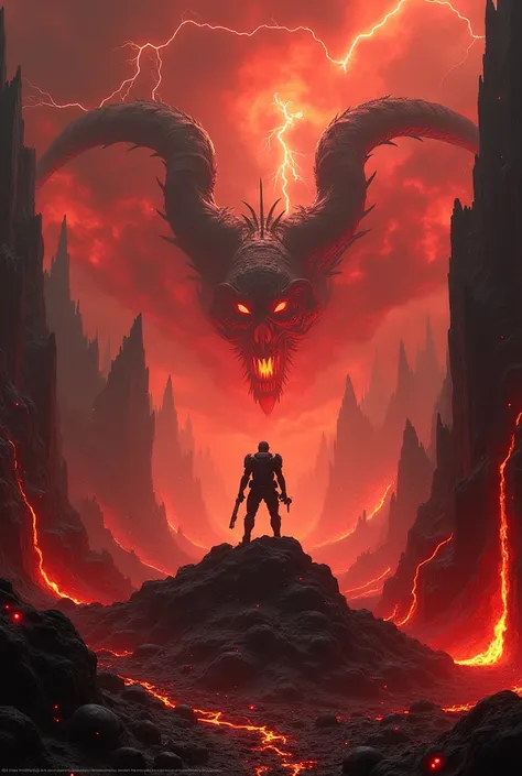 "A nightmarish infernal battlefield, straight from the depths of hell, inspired by DOOM. Towering demonic monstrosities with charred, skeletal bodies, glowing magma-filled veins, and razor-sharp claws tear through the blackened ruins. The sky is a swirling...